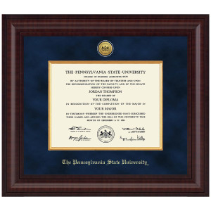 Diploma Frame, Presidential, Gold Engraved Medalion The Pennsylvania State University, Navy Suede Mat, Premier Molding, Chesnut Finish